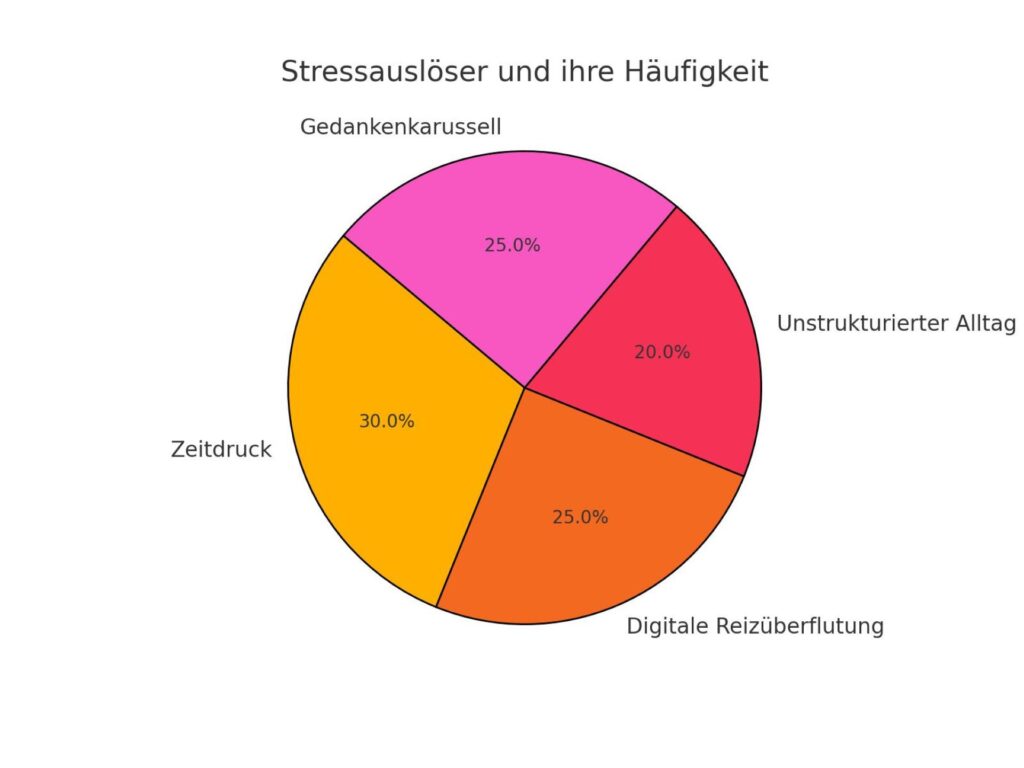 Kreisdiagramm zeigt die haeufigsten Stressausloeser wie Zeitdruck, digitale Reizueberflutung, unstrukturierter Alltag und Gedankenkarussell mit ihrer prozentualen Verteilung.