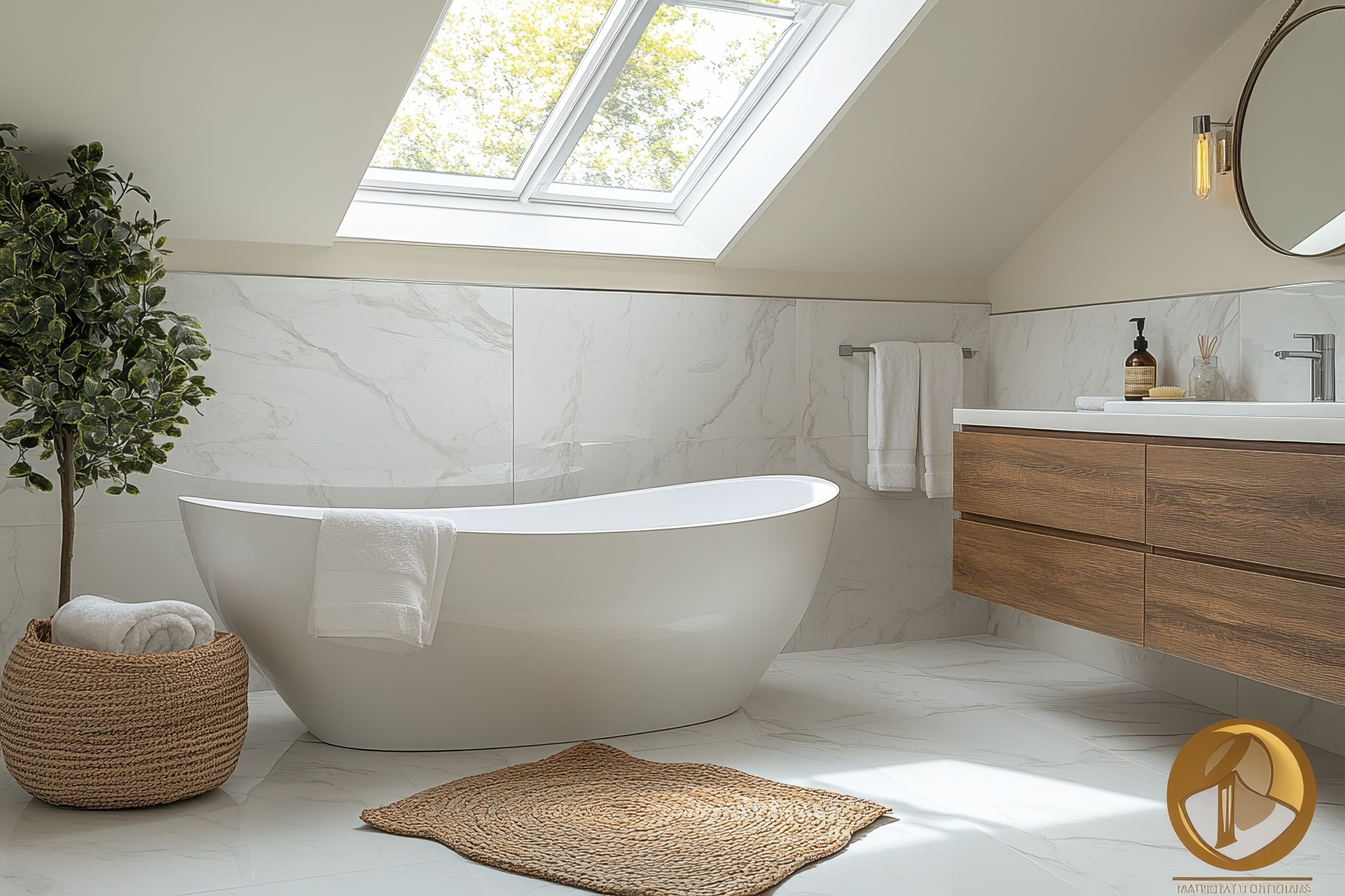 Helles Dachbad mit Designwanne und Holzdetails | Dusch WC Aufsatz