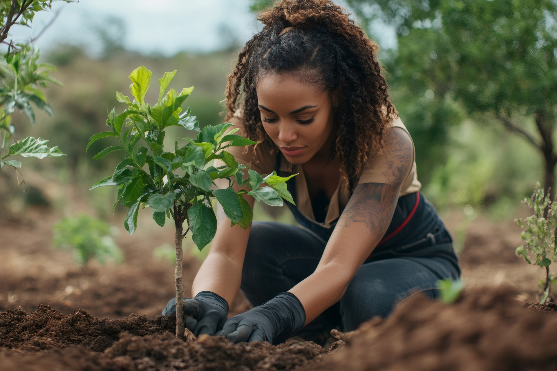 Frau pflanzt kleinen Baum im Gartenboden | Photovoltaik Altenburg