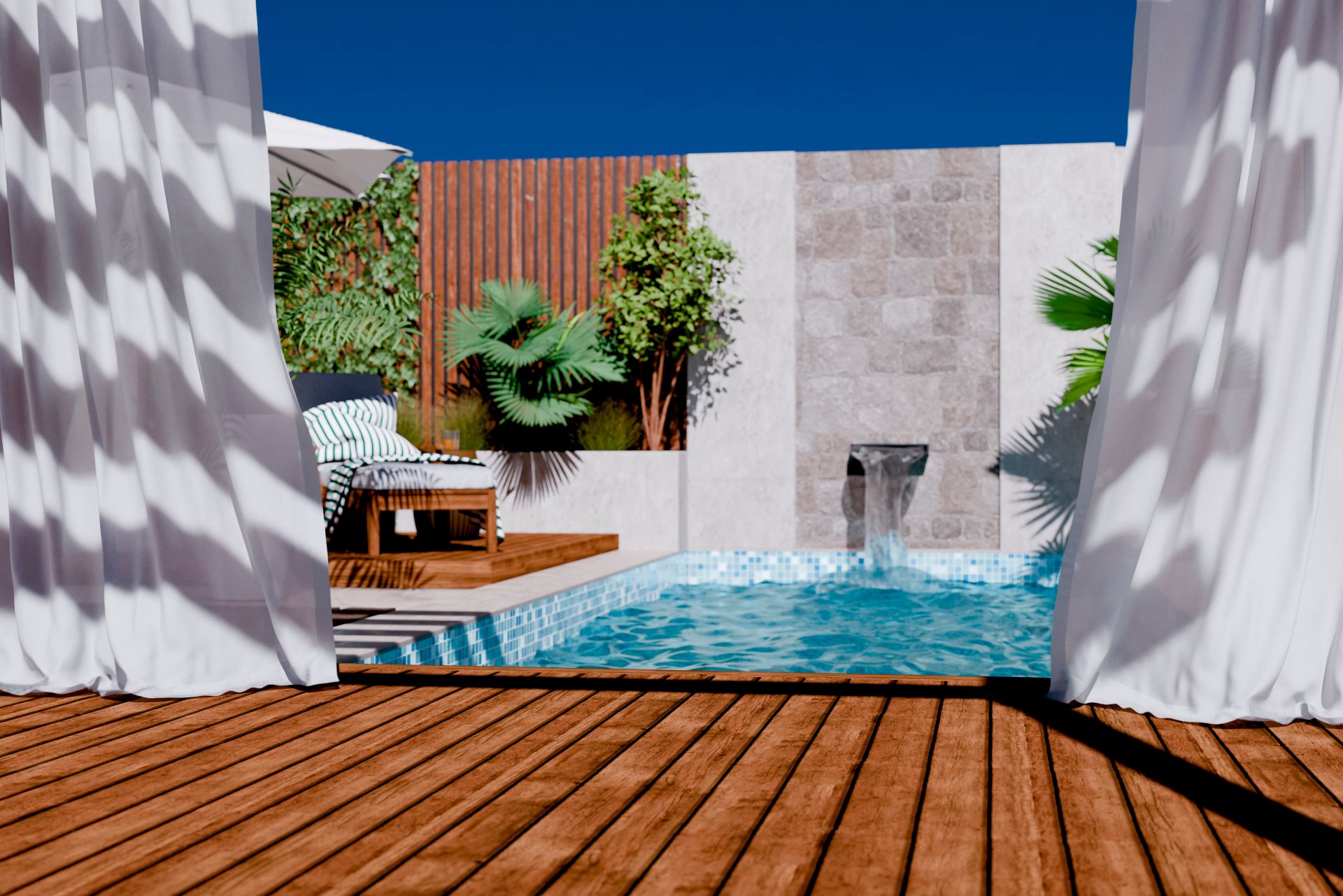 Moderner Gartenpool mit Wasserfall und Holzdeck bei Sonnenschein
