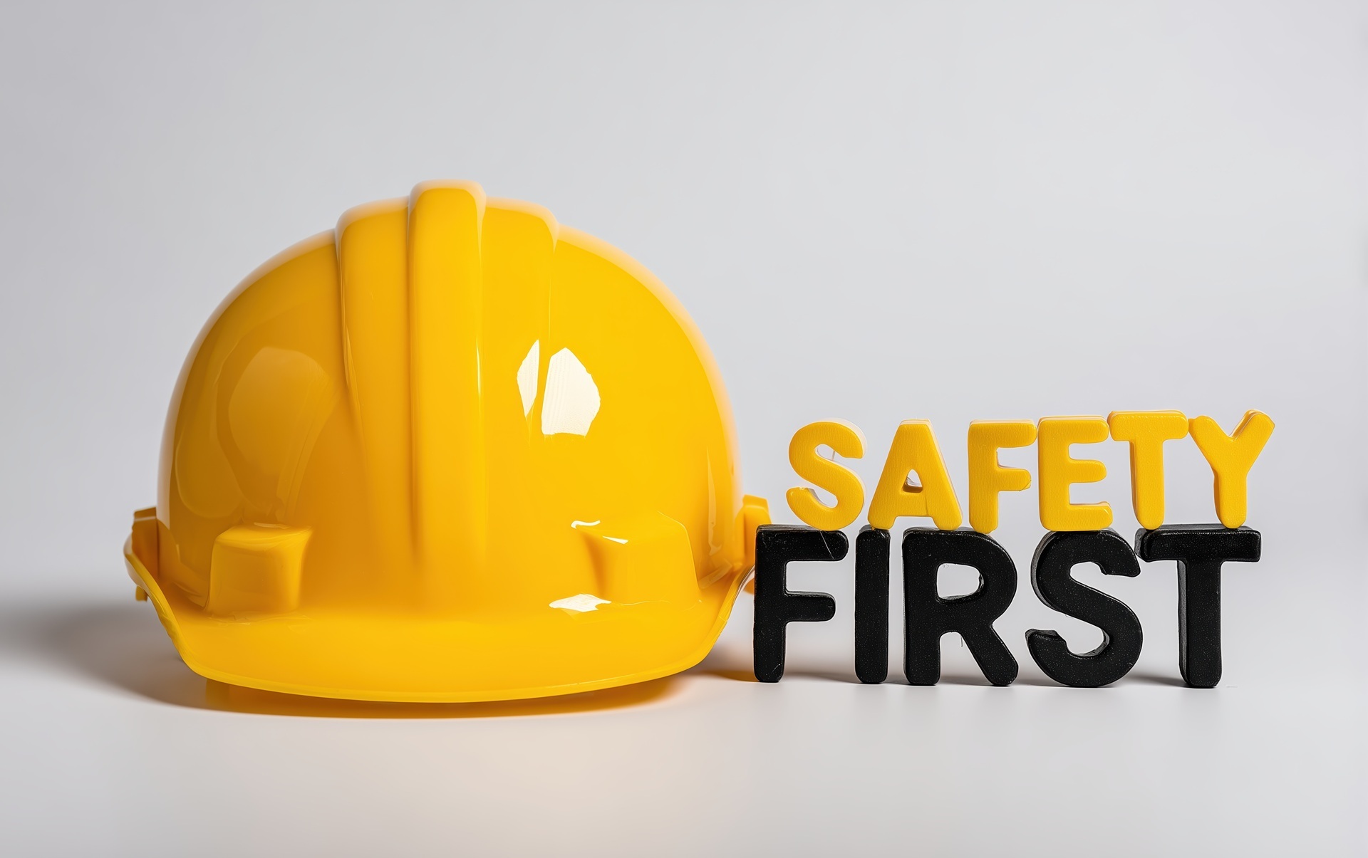 Gelber Schutzhelm mit Safety First Schriftzug | Laser Absaugung