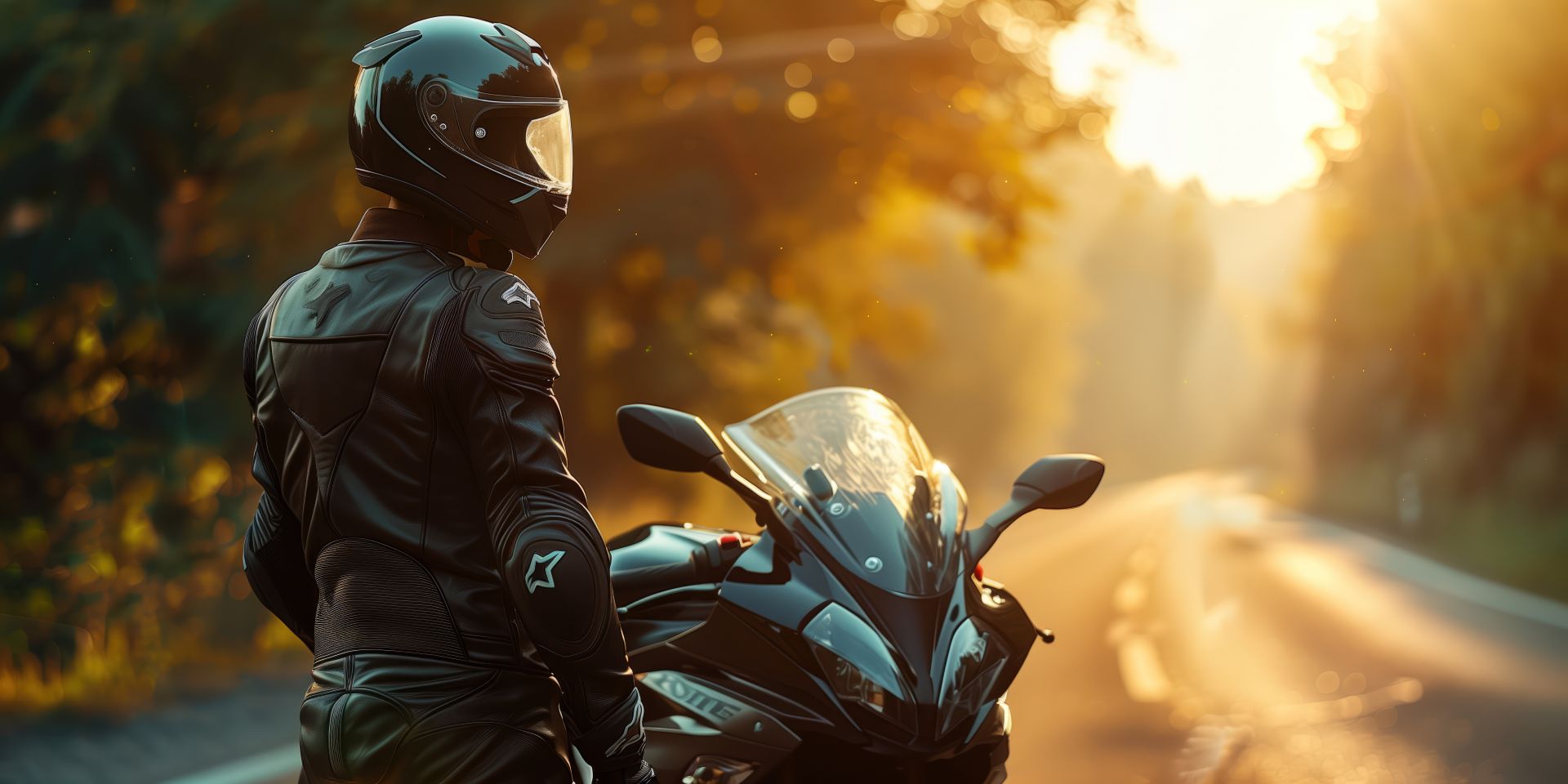 Motorradfahrer in schwarzer Lederkombi und Helm neben Sportmotorrad bei Sonnenuntergang; symbolisiert Schutz, Stil und Sicherheit mit Alpinestars.